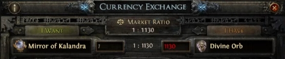 poe2 mirror of kalandra price showing in currency exchange market